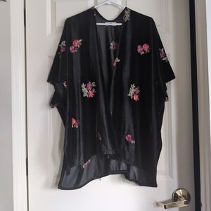 Black velvet kimono with red floral embroidery